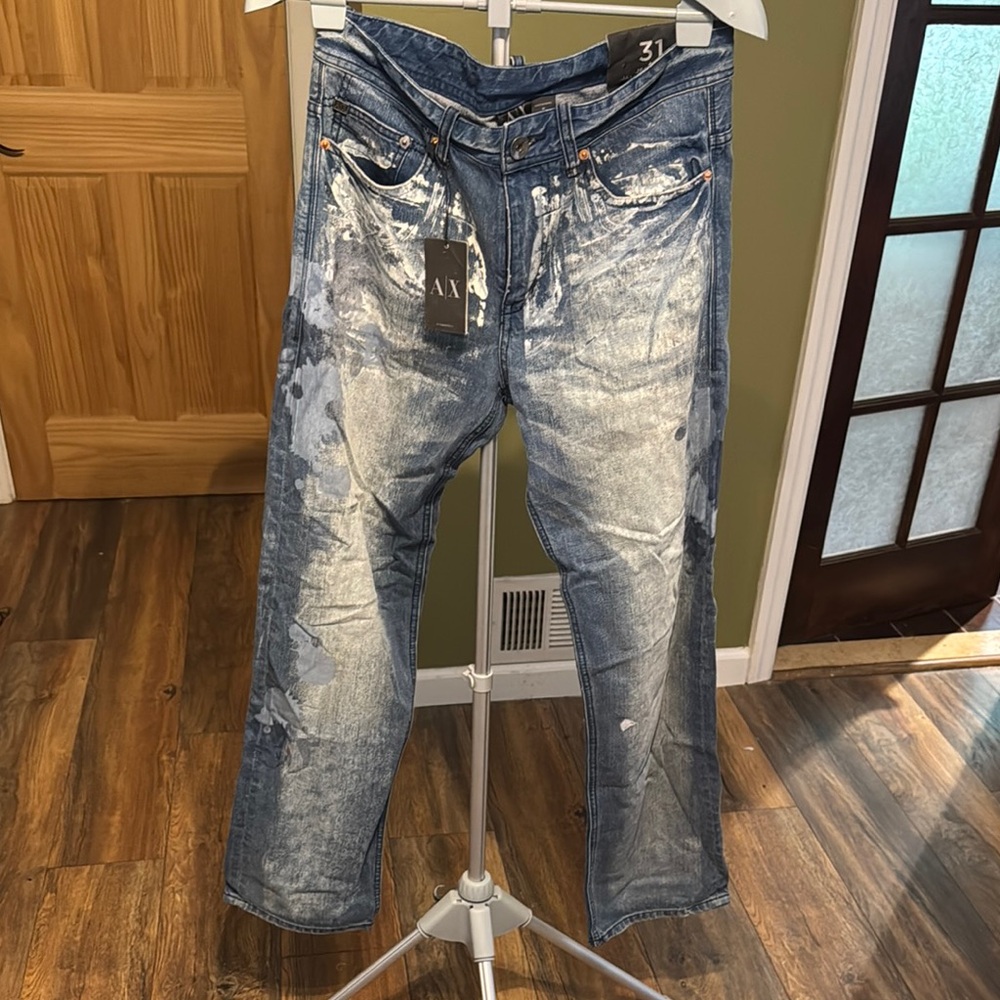 A/X Armani Exchange Relaxed Blue Jeans with Vintage Distressing